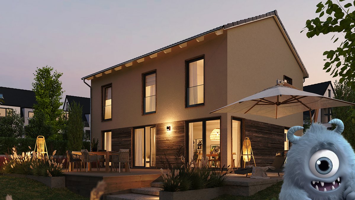 Ratenfresser Tiny im Garten vor dem Flair 152 RE in Abendstimmung